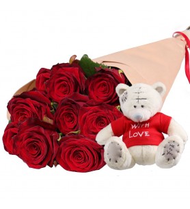 9 Kırmızı Gül ve Mini Ayıcık Buketi