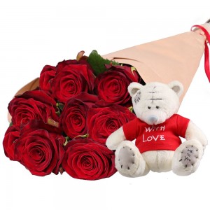 9 Kırmızı Gül ve Mini Ayıcık Buketi