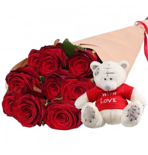 9 Kırmızı Gül ve Mini Ayıcık Buketi